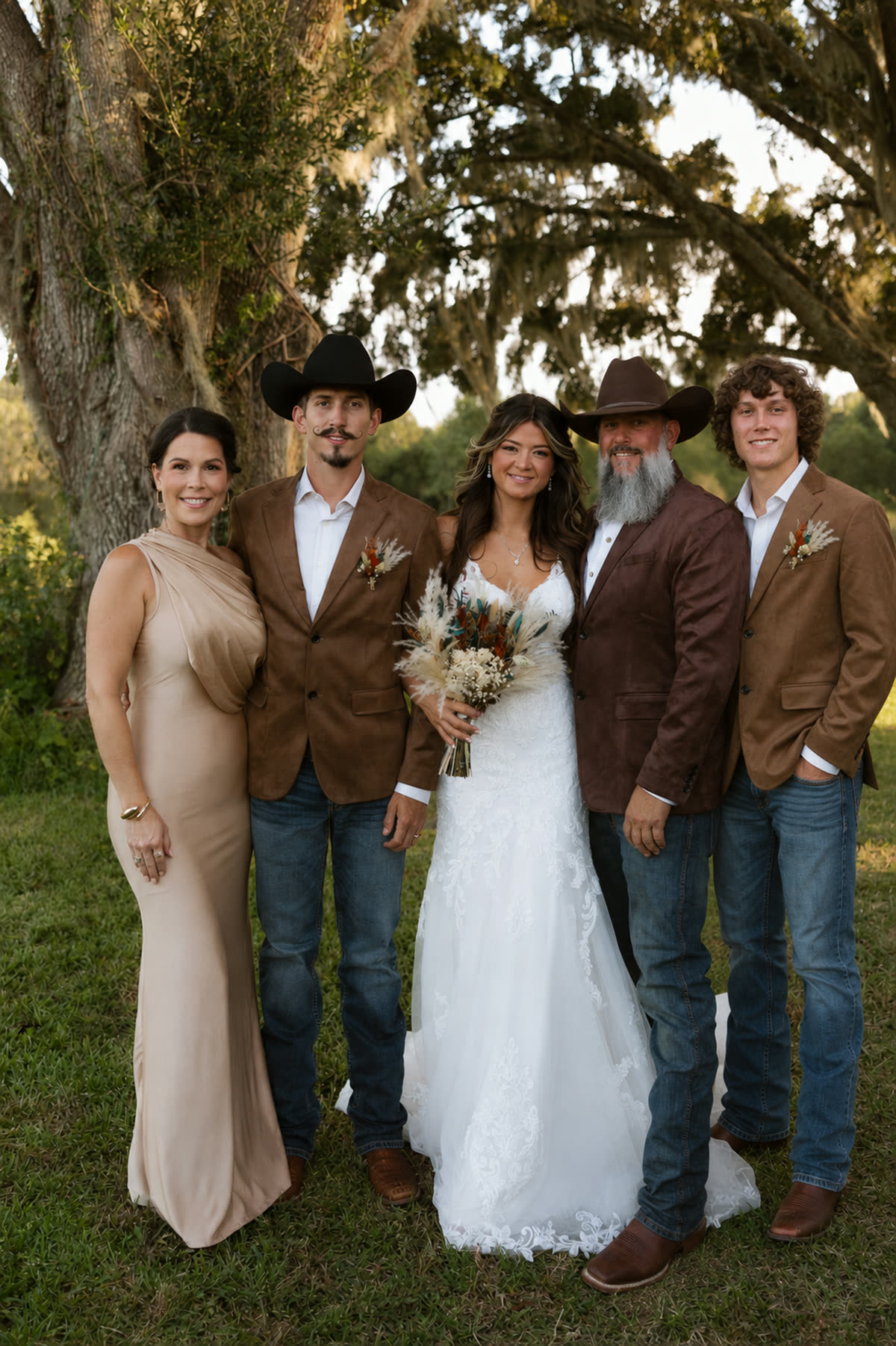 The McCarthy family together beneath the oaks at Three Fours Ranch